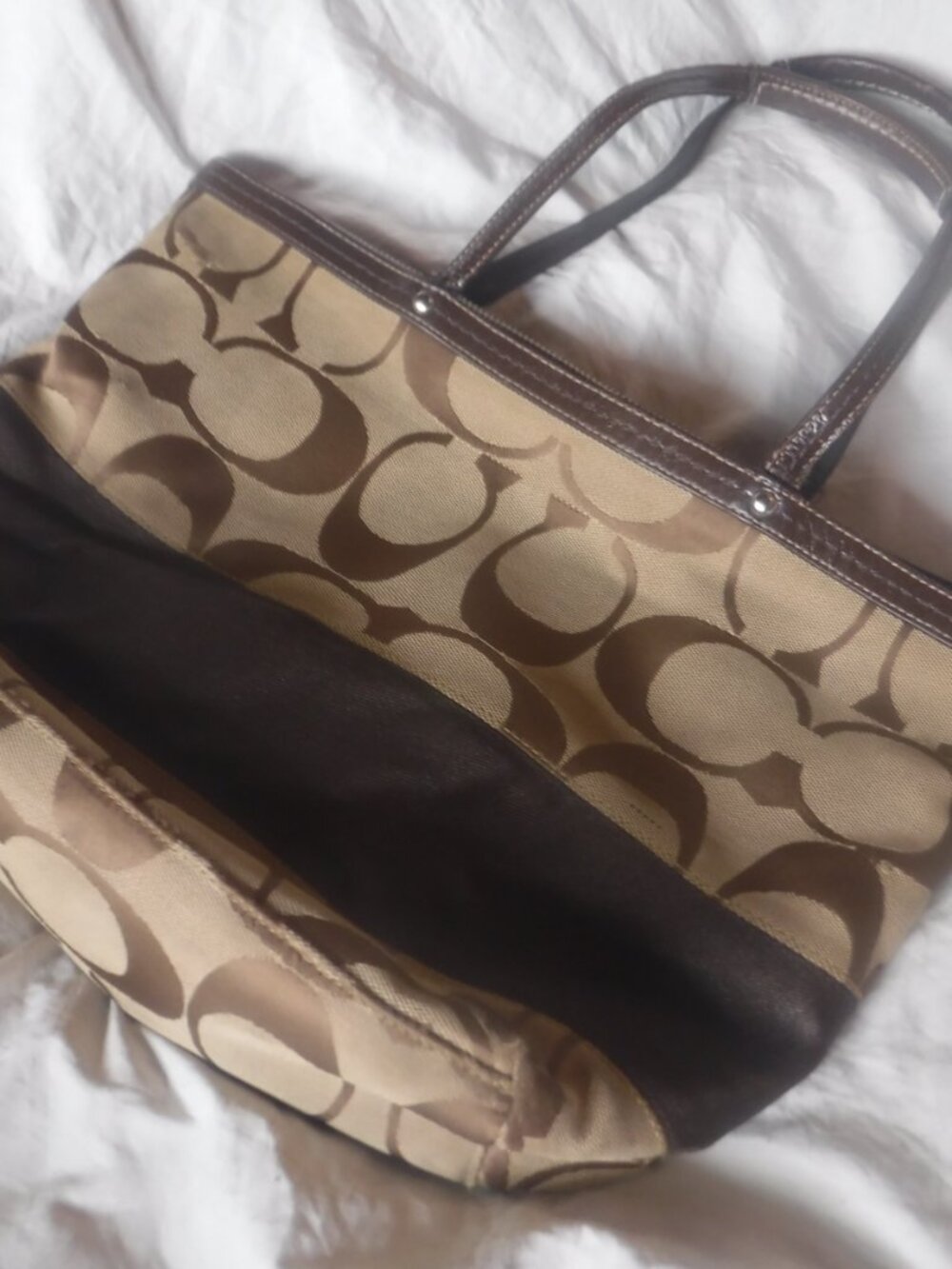 Coach Signature Jacquard Brown Khaki Logo Handbag Purse F13548 Pre Owned